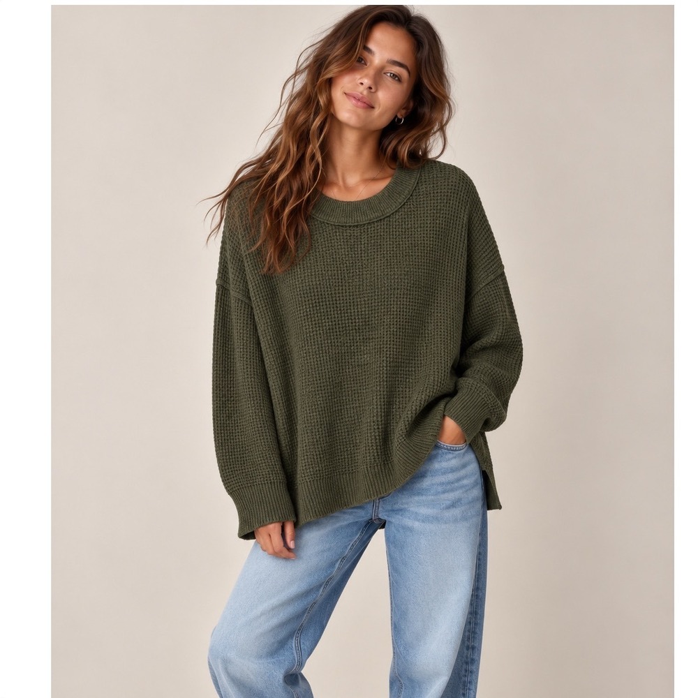 Aerie Olibe Green Oversized Waffle Knit Crewneck Sweater, XS